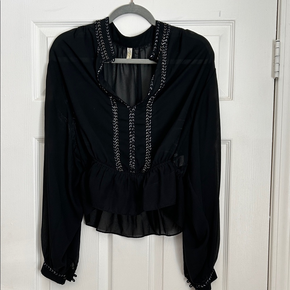 Free People Black Blouse with Embroidered Details